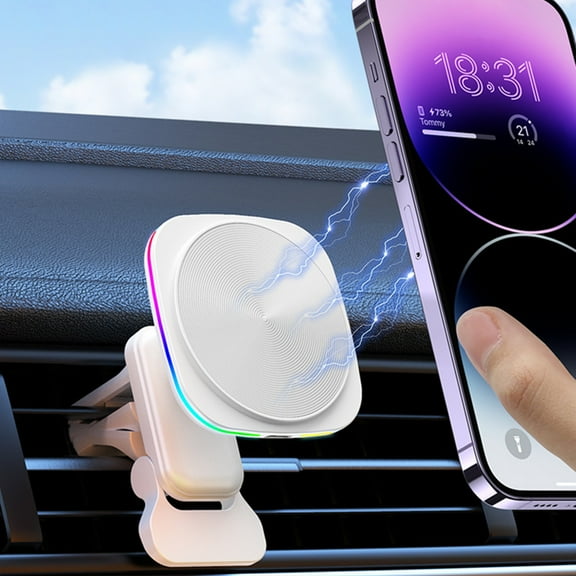 Car Phone Mount,15W Magnetic Wireless Fast Charging Holder with RGB Light,Intelligent Induction Auto Alignment Heat Dissipation 360° Rotation Navigation Bracket Fit iOS Qi Smartphone Stable Support