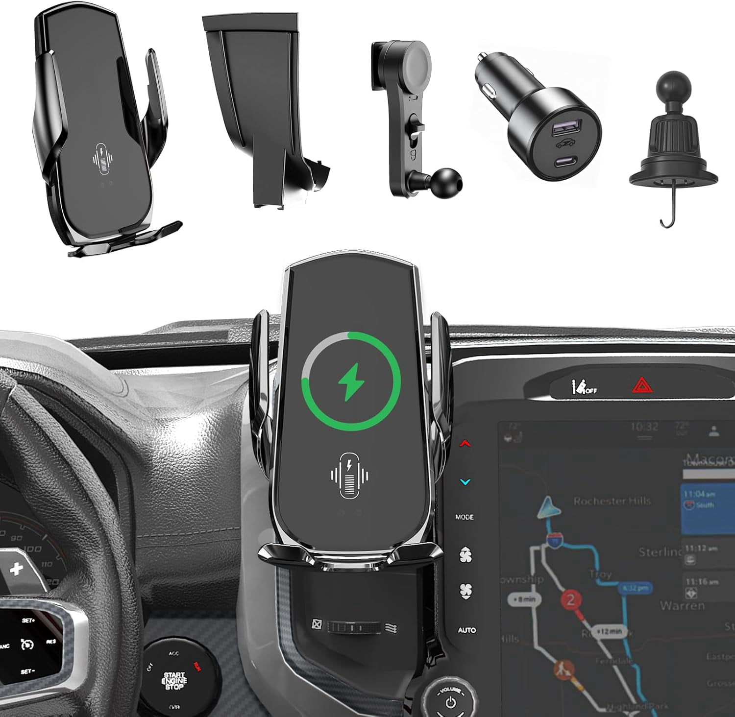 Car Phone Mount for RAM 1500/2500 2018–2023, Dodge RAM Phone Mount, 15W Fast Charging Auto-Clamping Truck Phone Holder, Reinforced Ball Joint, Extended Arm for Safer Driving Car Accessories