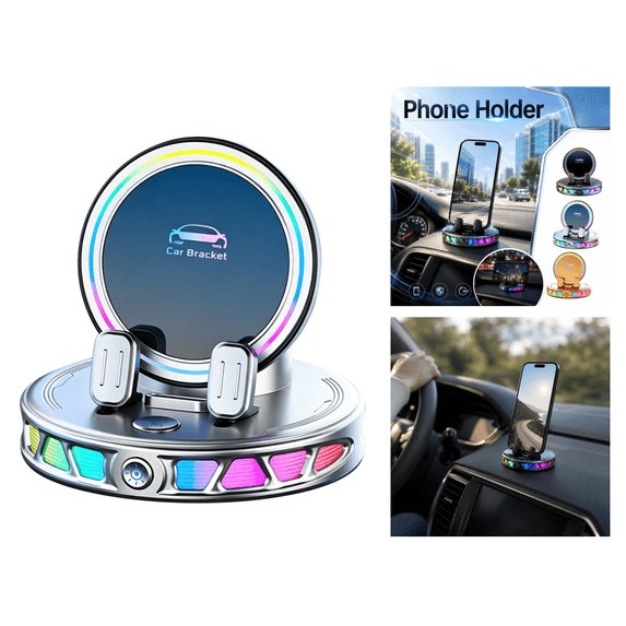 Car Phone Mount with Suction Cup for Dashboard, Colorful LED Light Car Phone Cradle, Universal Adjustable Dashboard Phone Holder for Most Smartphones (Silver)