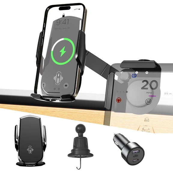 Car Phone Mount for Tesla Model Y & Model 3, 15W Fast Charging Auto-Clamping Tesla Phone Holder, 360 Adjustable Fit Tesla Screen, Dashboard Phone Mount for Tesla Car Accessories