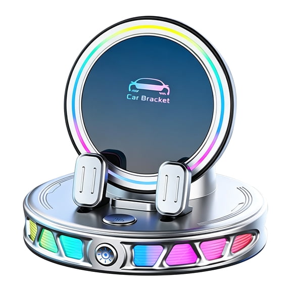 Car Phone Mount Vacuum Suction Cup Dashboard Holder with RGB LED Light Ring, Strong Universal GPS Stand for iPhone Samsung, Hands-Free One-Hand Operation Silver