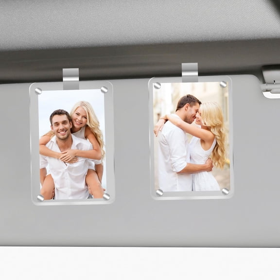 Car Photo Holder, 2Pcs Magnetic Acrylic Picture Frame for Car Sun Visor, Personalized Car Visor Clip for Photos Tickets and Cards, Universal Car Interior Accessories to Display Your Memories, White