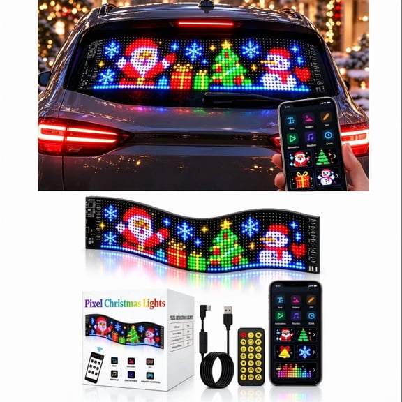 Car Pixel Christmas Lights – Flexible LED Pixel Display for Merry Holiday, Smart LED Matrix Panel with App Control & USB-C Power for Car Window Decor,4.7*23.6in