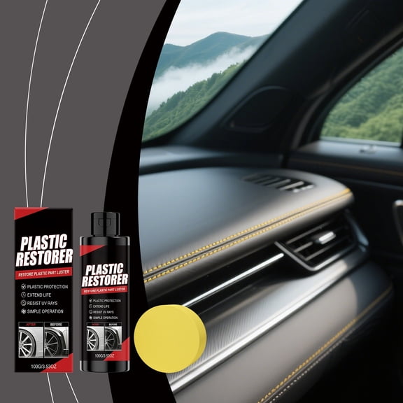 Car Plastic Cleaner Kit 100ml, Interior Surfaces Stain and Dirt Remover with Applicator Sponge, Gentle Cleaning for Dashboard Door Panel Vinyl Leather