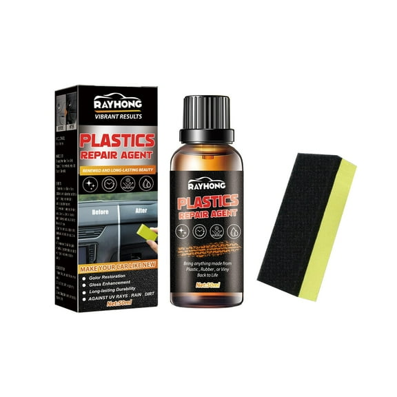 Car Plastic Repair Agent, Interior & Exterior Restorer for Plastic, Rubber & Vinyl, Color Restoration, UV Protection, Prevents Fading & Oxidation, Long-Lasting Gloss with Applicator Sponge