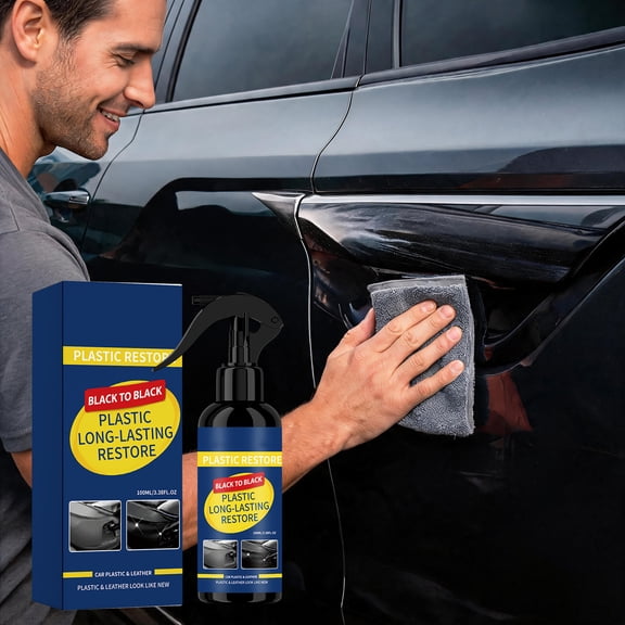 Car Plastic Restorer Kit with Sponge Rag Interior Exterior Trim Restoration Spray UV Protection Revives Faded Black Finish