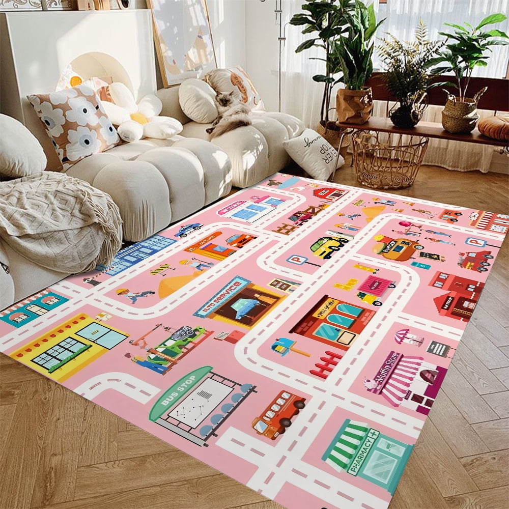Car Play Mat for Boys and Girls Highway City Traffic-Themed Rugs for Kids Toy Cars Kids Rugs for Playroom Non-Slip Kids Play Rug
