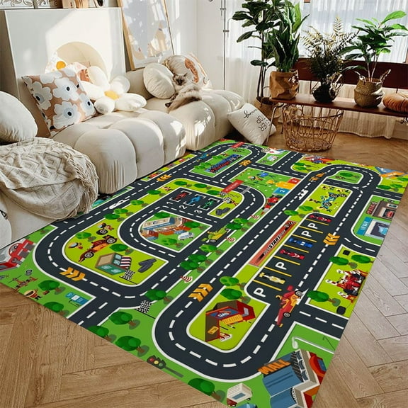 Car Play Mat for Boys and Girls Highway City Traffic-Themed Rugs for Kids Toy Cars Kids Rugs for Playroom Non-Slip Kids Play Rug