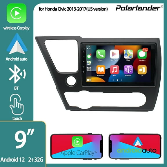 Car Player + Rear View Camera Radio Stereo for Honda Civic 2013-2017 (US version) Android 12 Touch Screen Multimedia Radio Built in Apple Carplay Andriod Auto, Support Mirroring GPS Navigation