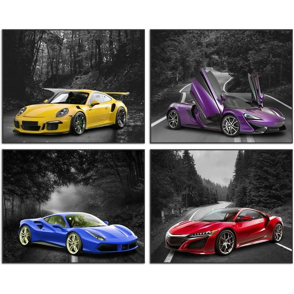 Car Poster Car Wall Art Car Posters for Boys Room Set of 4 Unframed (10"x 8") Boys Room Wall Decor Car Decor Cars Poster Cars Wall Decor Car Wall Decor for Bedroom Sports Car Posters Supercar Poster