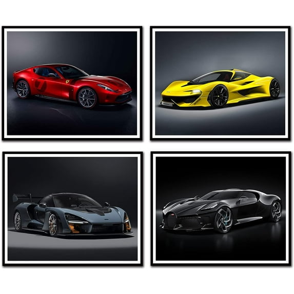 Car Poster Lamborghini Mclaren Ferrari Bugatti Sports Canvas Wall Art Posters Supercar Decor for Boys Room Bedroom Set of 4 Unframed (8x10 in)