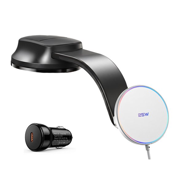 Car Power Adapter Included Wireless Dashboard Mount 25W, Suction Cup Base and Curved Arm for Navigation