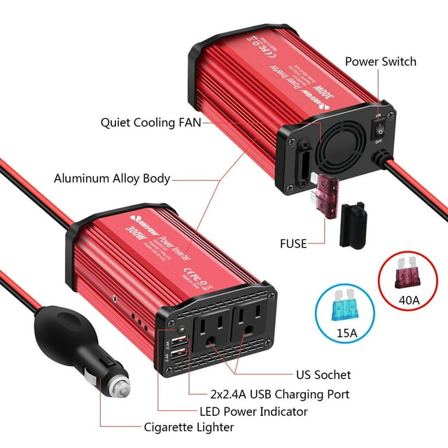 Car Power Inverter 300W DC 12V to 110V AC Converter with 4.8A Dual USB