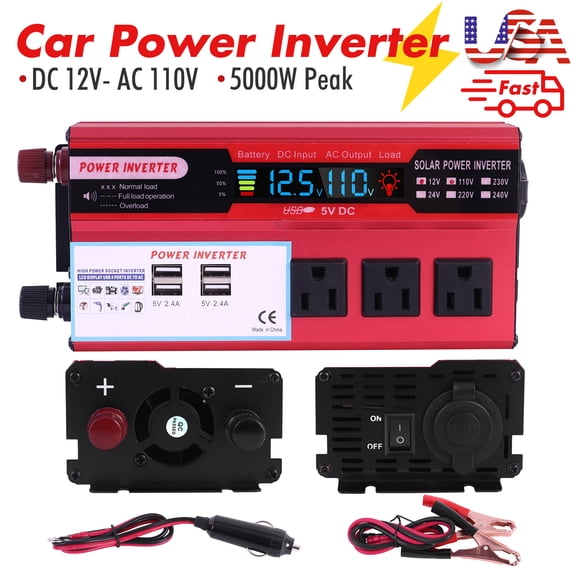 Car Power Inverter DC 12V to 110V AC, 5000W Peak Modified Sine Wave Converter, 3 AC Outlets and 4 USB with LCD, Overload Short Circuit Protection, Red