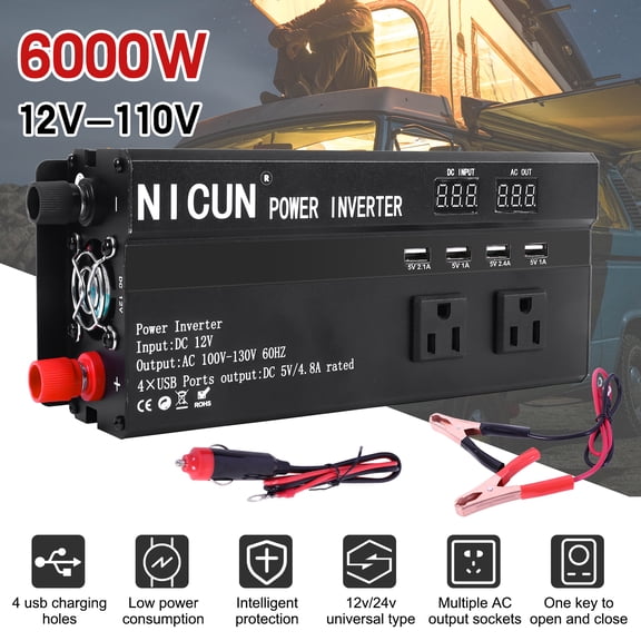 Car Power Inverter DC 12V to 110V AC, 6000W Peak Modified Sine Wave Converter, 4 USB and 2 AC Outlets with LCD, Overload Short Circuit Protection, Black