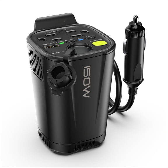 Car Power Inverter with 150W 12V to 110V AC, 2 Outlets and USB Ports, Black