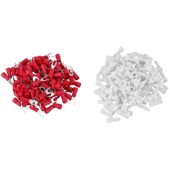 for Car Audio and Security: 200-Piece 4mm Fork Pre-Insulated Terminals + 22-16 AWG Closed-End Caps, Red/White I764151