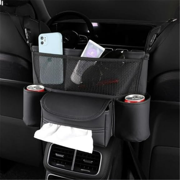 Car Purse Holder Between Seats Car Organizer, Leather Large Capacity Car Handbag Holder for Front Seat, Seat Back Net Bag Double-sided Tissue Storage Handbag Holder Car Divider (Black)