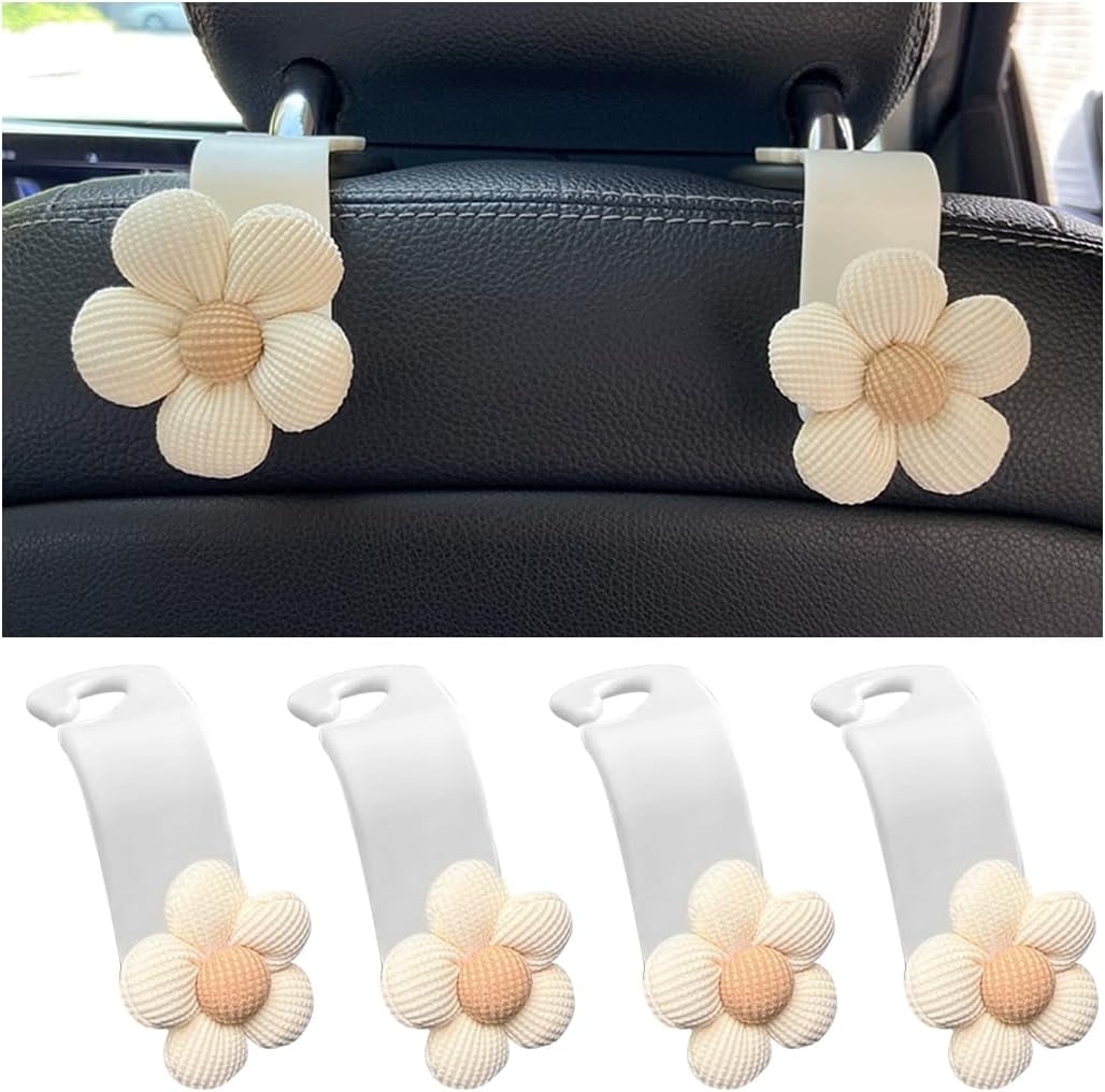 Rongsi Car Purse Hook,4PCS Car Headrest Hooks, Cute Flower Vehicle Seat Organizer Hooks for Purses and Bags, Portable Automotive Purse Hanger Holder Decoration, Universal for SUV, Sedan, Truck (Beige