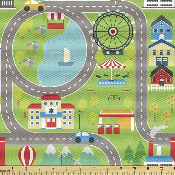Ambesonne Car Race Track Fabric by the Yard Upholstery, Cartoon City, 1 Yard, Multicolor