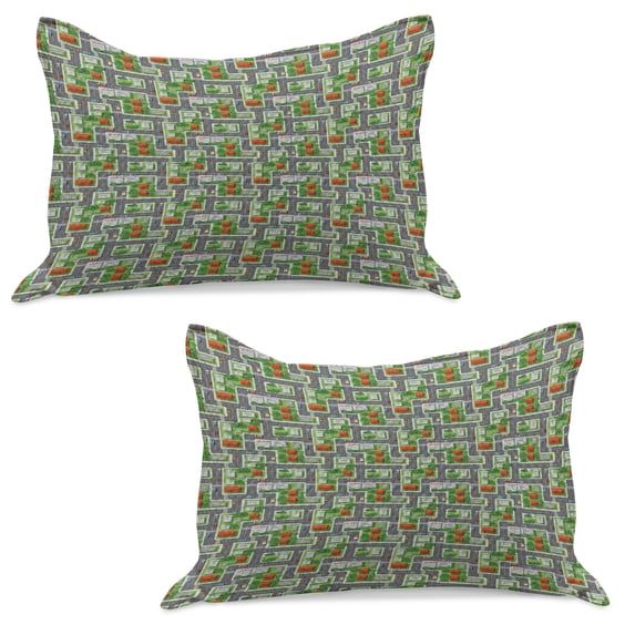 Car Race Track Knitted Quilt Pillowcover Set of 2, Activity Suburb View with Houses Gardens and Trees Cartoon Design, Standard Queen Pillow Sham Bedroom, 30" x 20", Multicolor, by Ambesonne