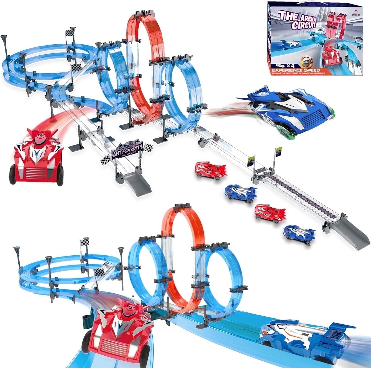 Toy Car Race Track Set with 4 High-Speed Slot Die-Cast Race Cars, 360°Loops, Turns and Crossover Racing Game Circular Overpass Track Gifts Birthday Toys for Boys Kids Girls Age 6 7 8-12