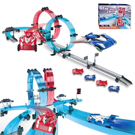 UFULMN Slot Car Race Track Set with 4 Super Pull-Back Racing Cars, 360°Loops, Turns and Crossover High-Speed Vehicle Playsets
