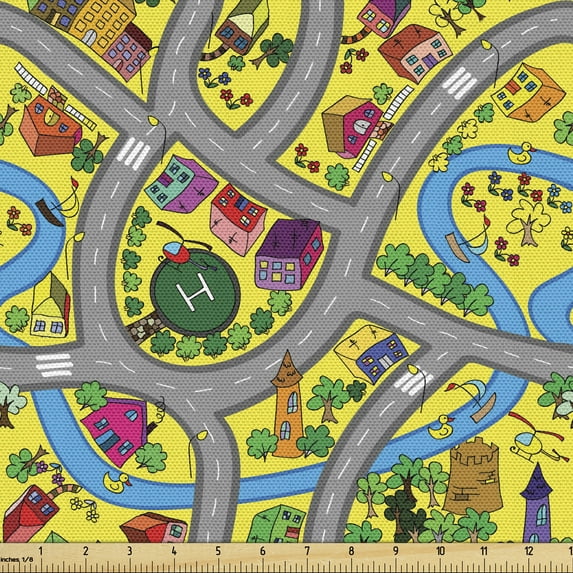 Ambesonne Car Race Track Fabric by the Yard Upholstery, Roads Activity, 10 Yards, Multicolor