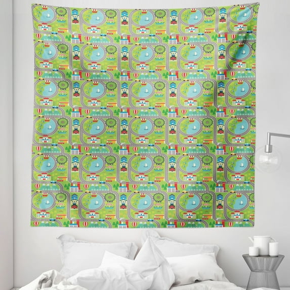 Car Race Track Tapestry, Cartoon Design Summer City Amusement Park and Lake Roadway Activity, Fabric Wall Hanging Decor for Bedroom Living Room Dorm, 5 Sizes, Multicolor, by Ambesonne