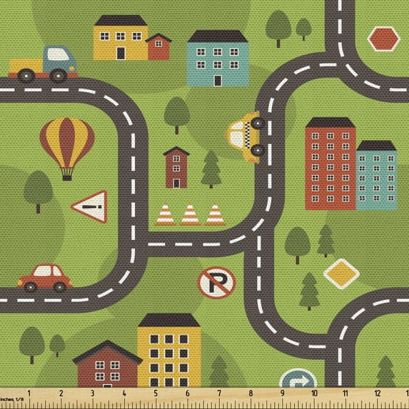 Ambesonne Car Race Track Fabric by the Yard Upholstery, Cartoon Road, 5 Yards, Multicolor