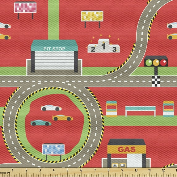 Ambesonne Car Race Track Fabric by the Yard Upholstery, Gas Station, 1 Yard, Multicolor