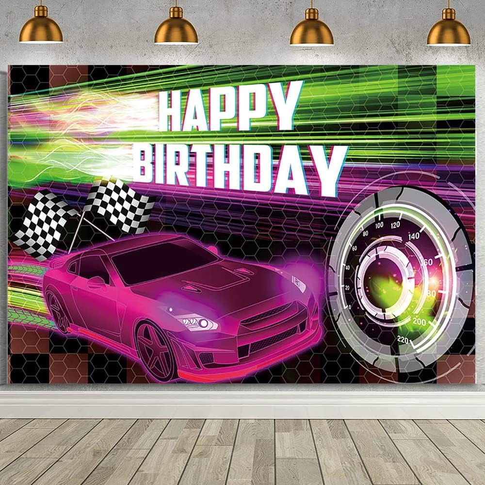 Car Racing Happy Birthday Backdrop, Pink Racing Party Photo Background ...