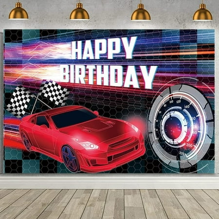 Car Racing Happy Birthday Backdrop, Red Racing Party Photo Background for Boys, Car Birthday Party Decorations Car Banner Red Race Car Birthday Party Supplies Party Decor