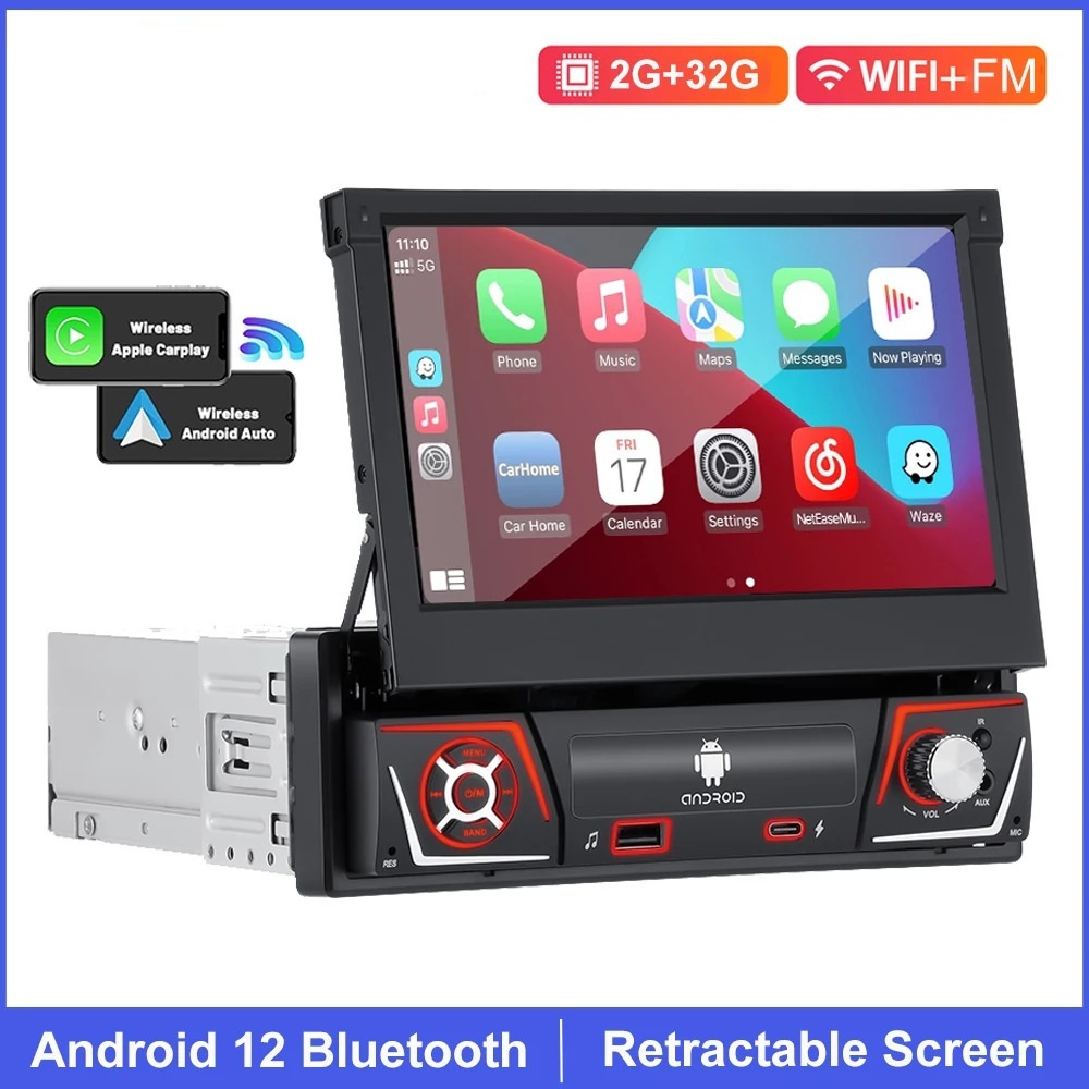 Car Radio Android Carplay Auto Universal 7" IPS Retractable Screen gps ...