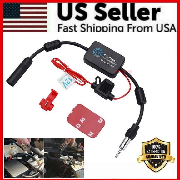 Car Radio Antenna Signal Amplifier, Universal 12V AM FM Inline Signal Booster for Automotive Audio Stereo Head Unit, Anti-Interference Radio Aerial Enhancer, Universal Black