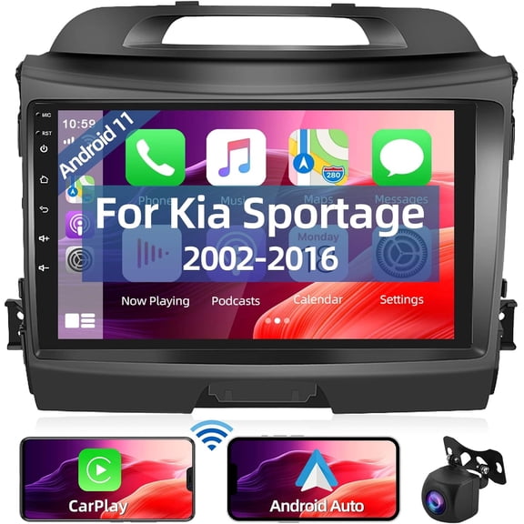Car Radio for Kia Sportage 2010-2016 with Wireless Apple Carplay, HD 9" Touchscreen Android 11 Car Stereo with GPS Navigation, Android Auto, WiFi, Bluetooth, RDS FM, USB, Microphone, Backup Camera