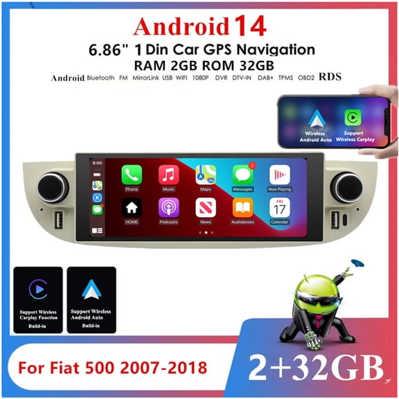 Car Radio Stereo 6.86 Inch Android 14 GPS Navi Head Unit 2+64G for Fiat 500 2007-2015 SWC FM/RDS Radio DAB+ Player with Carplay Android Auto WiFi Bluetooth Split Screen Mirror Link