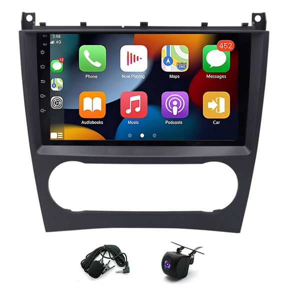 Car Radio Stereo 9" 4GB+64GB with AHD Camera Mic GPS Navi CarPlay Android Auto WiFi Bluetooth RDS SWC Fits for Benz C-Class W203 2003-2009