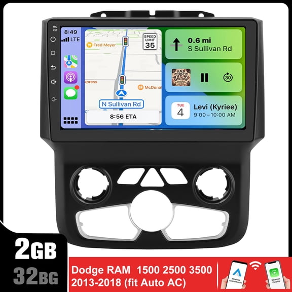 Car Radio Stereo for Dodge Ram 2013-2019 1500 2500 3500(Only fit Automatic AC) Built in Wireless Carplay/Android Auto 9 inch Head Unit 2G RAM 32/64GB ROM with DSP BT GPS FM WiFi