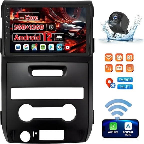 Car Radio Stereo for Ford F150 2009-2012: 9" IPS Touchscreen Head Unit - Android 13 Wireless Carplay Android Auto GPS Bluetooth RDS FM Mirror Link Backup Camera SWC