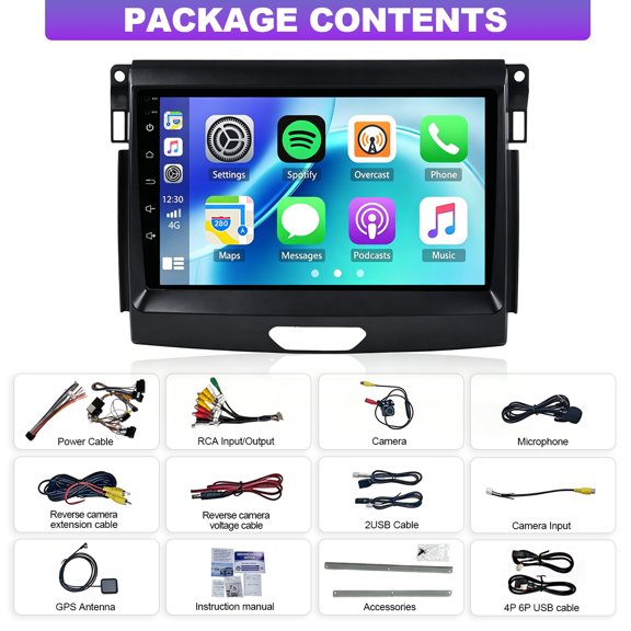 Car Radio Stereo GPS Navigation for Ford Ranger 2015-2020 SWC DSP FM/RDS Radio 9-inch Touch Screen Android 15 Player Support Carplay Android Auto WiFi Bluetooth Quad Core 4+64G