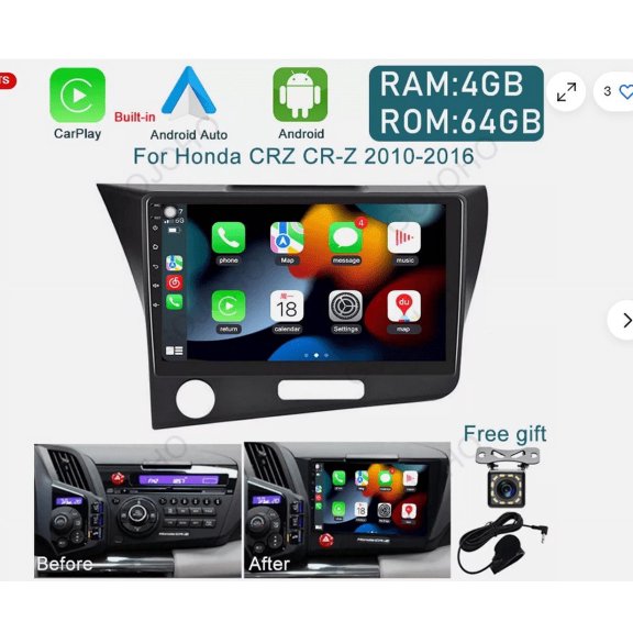 Car Radio Stereo for Honda CR-Z 2010-2016 9 Inch Android 14 Touchscreen Wireless Carplay, Car Stereo 4+64G Wifi GPS Navigation Android Auto