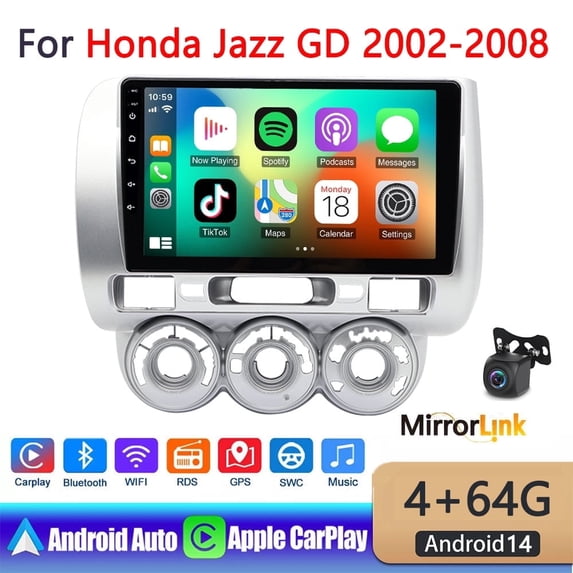 Car Radio Stereo for Honda Jazz GD 2002-2008 9" Android 14 Touchscreen Wireless Carplay, Car Stereo 4+64G Wifi GPS Navigation Android Auto