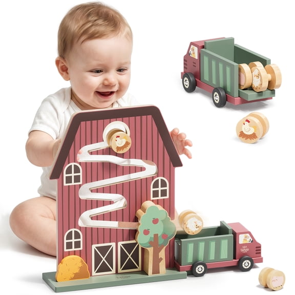 KWANITHINK Montessori Toys for 1 Year Old, Wooden Car Ramp Toy with Animal Rollers & Truck, Cause and Effect Fine Motor Toddler Toy for 1-2 Year Old Boys Girls, 1st Birthday Gift