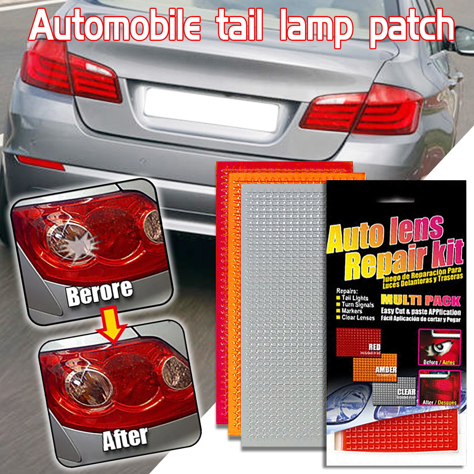 Car Rear Light Repair Kit | Tail Light Lens Tape | Universal Crack Repair Film | Red Amber Clear Options | Pre-formed Pattern | Strong Adhesive | Easy Cut & Apply | 196x95mm