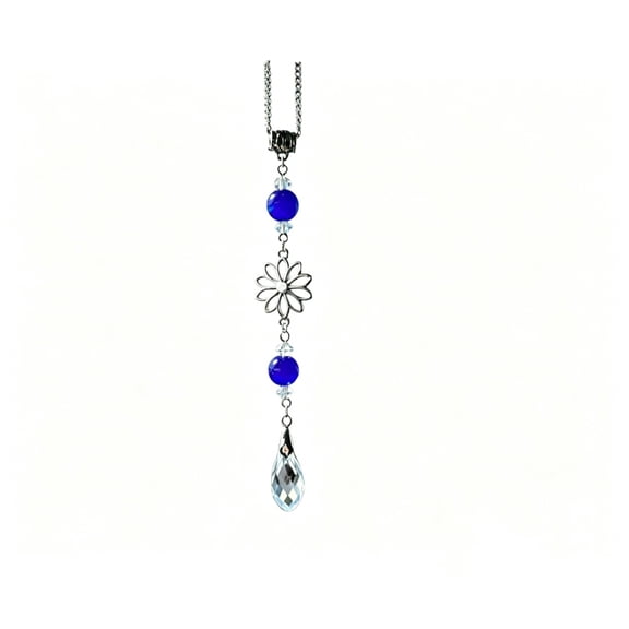 Car Rear View Mirror Accessories Dasiy Car Hanging Ornament, Beaded Rearview Decor Charm Handmade Blue Aquamarine Beaded Swinging Interior Decor for Women Men
