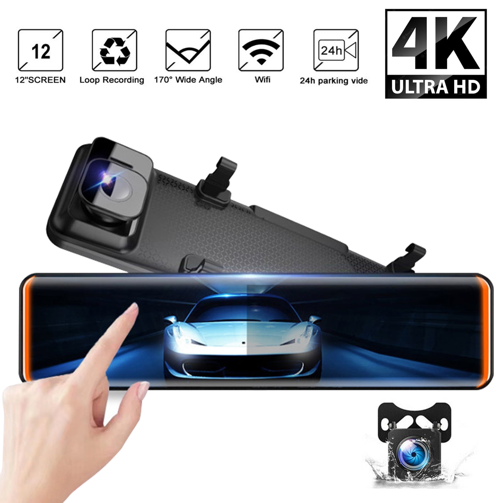Car Rear View Mirror Camera Dual Dash Cam DVR Video Recorder Driving Recorder with Night Vision Panoramic Rearview Mirror with 4K 12" Full Touch Screen