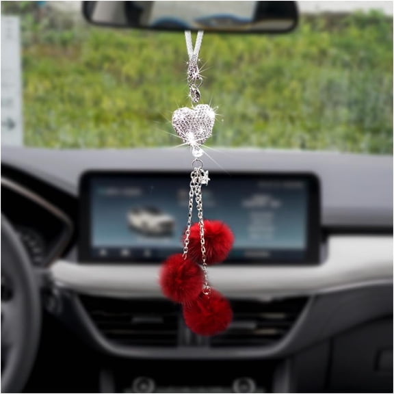 Car Rear View Mirror Pendant, Sparkling Car Decor Accessories, Cute Crystal Ball Car Hanging Ornament, Crystal Sun Catcher Glam Decoration (Red)