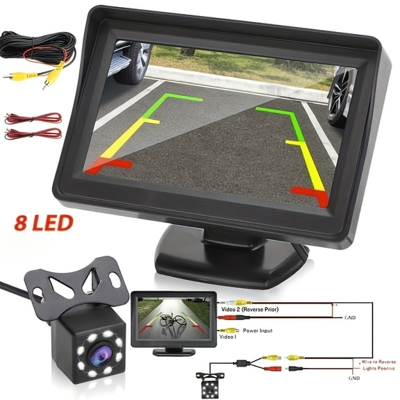 Car Rearview Mirror HD Parking System with Night Vision 4.3 Inch Monitor 8 LED HD Reverse Camera Kit Wide Angle Lens for Safe Parking and Reversing Perfect for Cars Pickups SUVs No Battery Required
