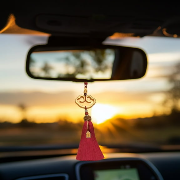 Car Rearview Mirror Pendant Gold Auspicious Clouds Tassel Charm Red Alloy Decorative Hanging Ornament for Vehicle Interior 8.66" Length Feng Shui Good Luck Accessory